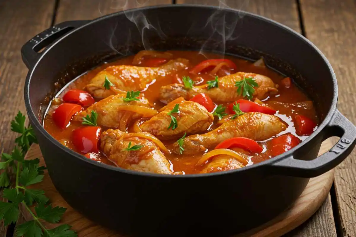 A pot of Hungarian chicken goulash with paprika sauce, bell peppers, and onions, served in a rustic setting.