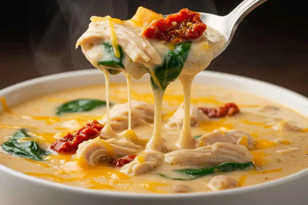 A bowl of creamy Marry Me Chicken Soup garnished with Parmesan and fresh basil.