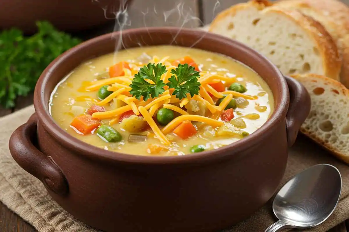 A bowl of creamy cheesy vegetable chowder garnished with fresh herbs and cheddar cheese, served with crusty bread