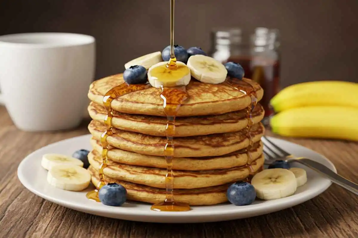 A stack of fluffy banana blueberry pancakes topped with fresh fruit and maple syrup