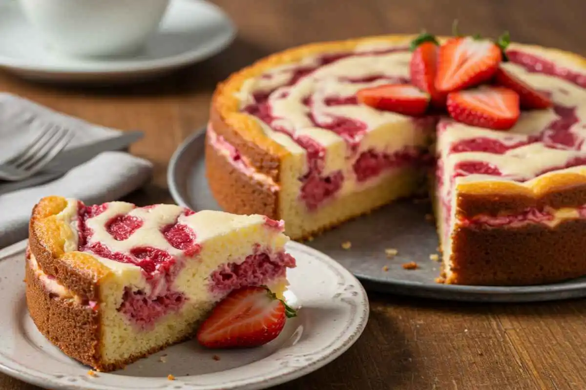 “A delicious homemade strawberry earthquake cake with cream cheese swirls and fresh strawberries, served on a white plate.”