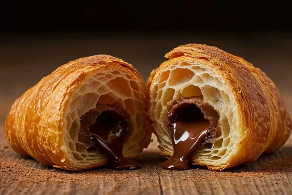 Freshly baked croissant sliced open, revealing melted dark chocolate filling. Flaky golden layers sit on a rustic wooden surface with cocoa powder dusted around.