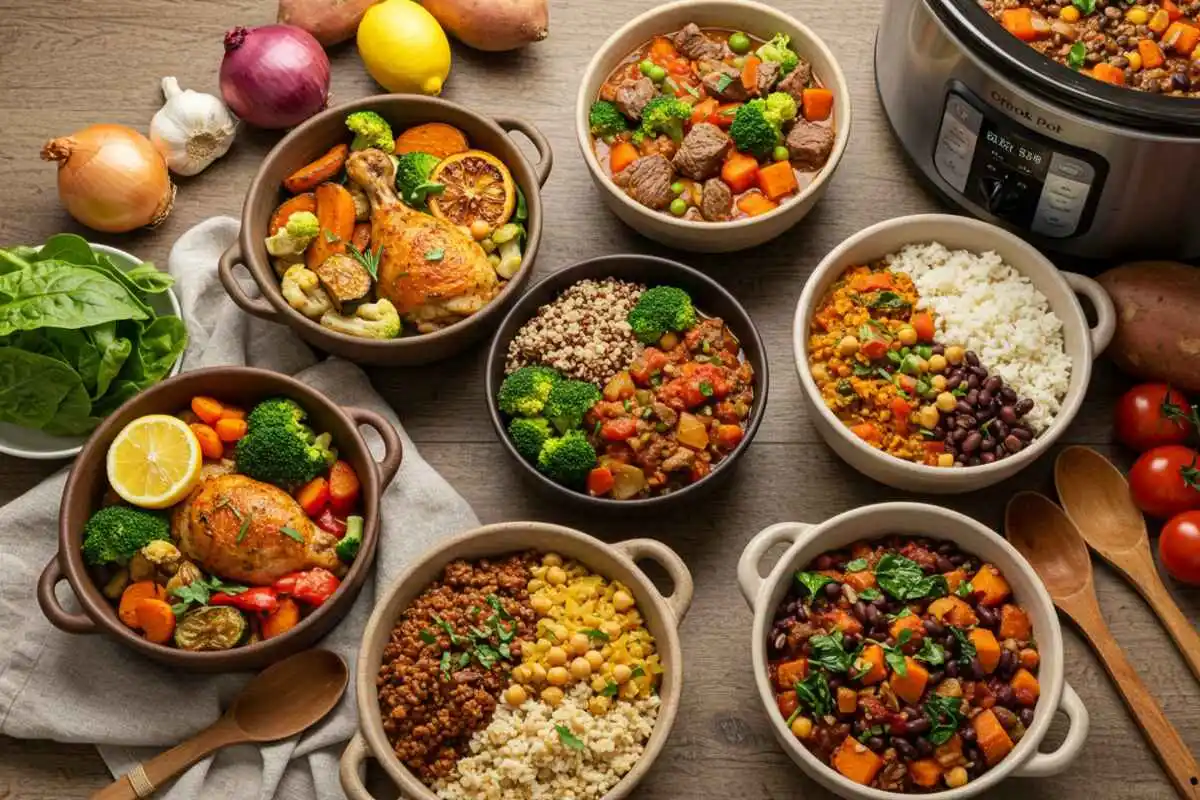 An overhead shot of various high-protein crock pot meals, including chicken, beef, and plant-based dishes, served in rustic ceramic bowls with fresh ingredients