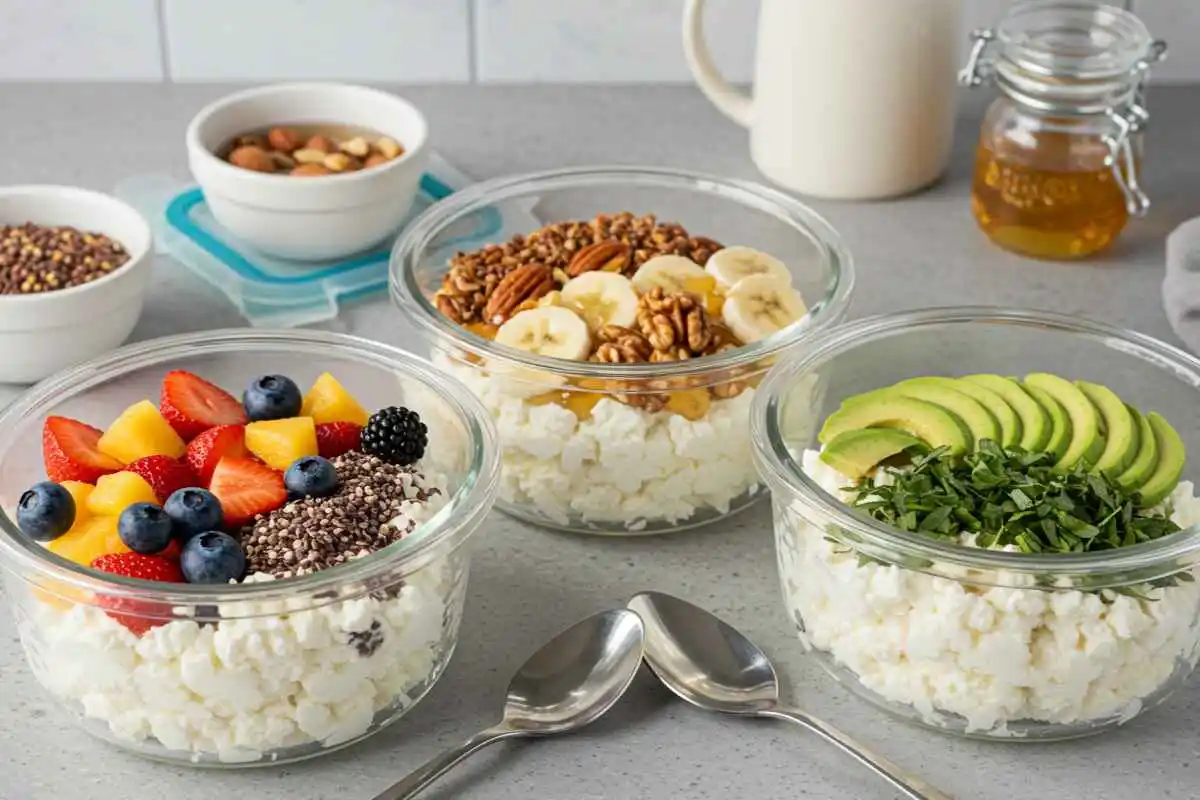 Three glass bowls filled with cottage cheese, each topped with different ingredients: one with fresh fruits and chia seeds, another with banana slices, nuts, and honey, and the third with sliced avocado and greens. Additional bowls of nuts, seeds, a jar of honey, and a milk jug are in the background.