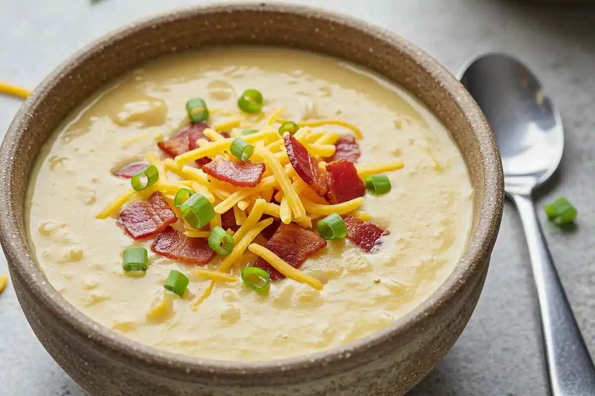 A bowl of creamy Crock Pot Crack Potato Soup topped with crispy turkey bacon and shredded cheese.