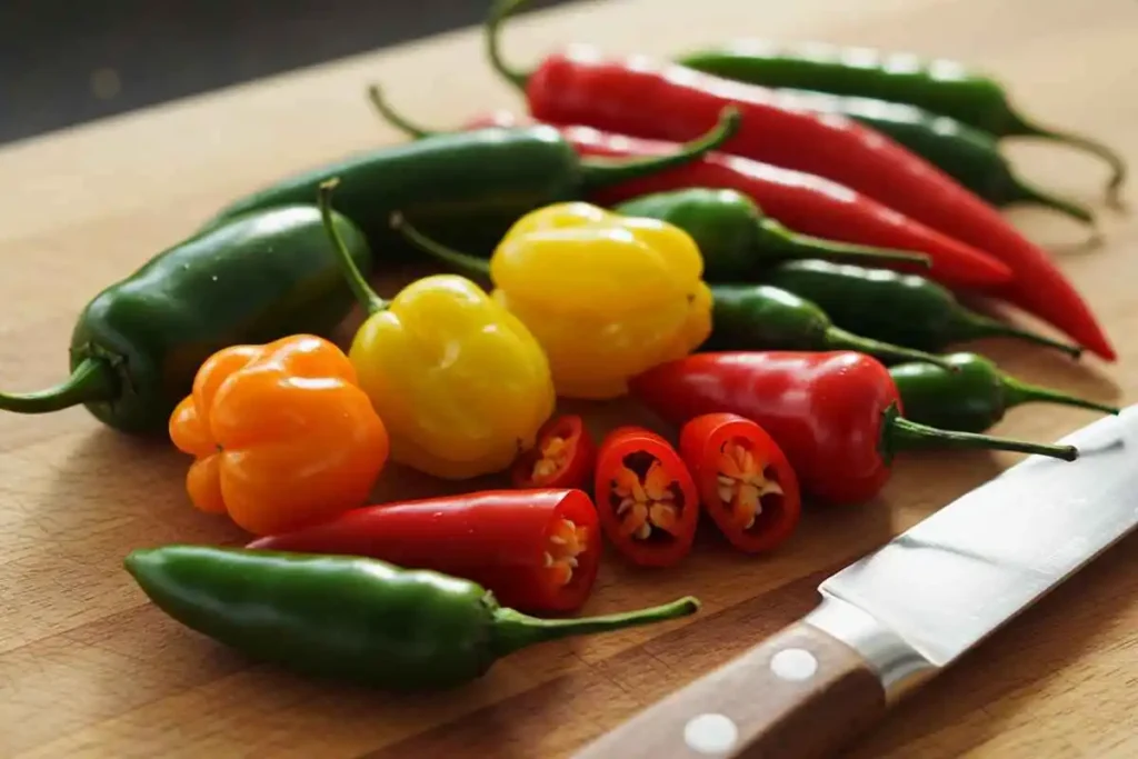  Various fresh chili peppers on a wooden cutting board, ready to be chopped for soup.