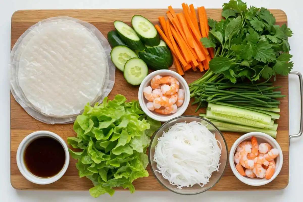 Fresh ingredients for making Vietnamese spring rolls, including rice paper, shrimp, and vegetables.