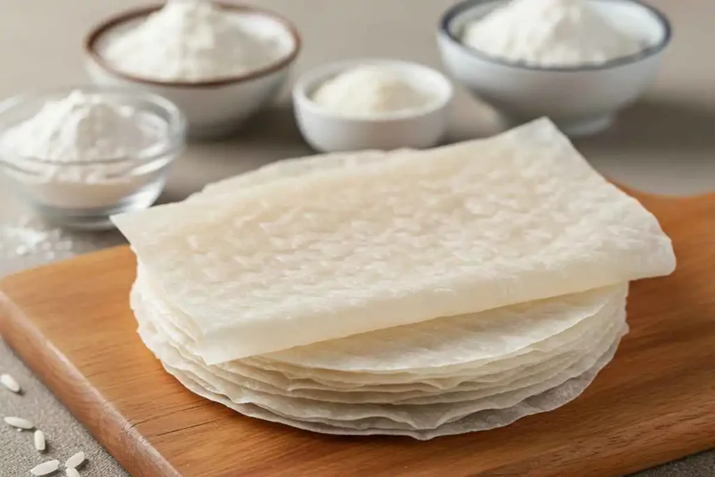 A stack of translucent rice paper sheets on a wooden board with ingredients around them.