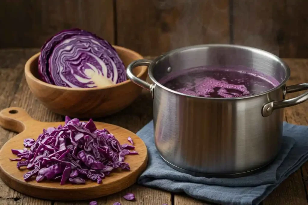 Chopped red cabbage and a pot of boiling natural dye on a rustic wooden table.