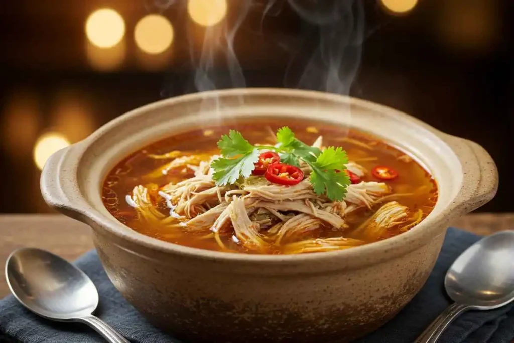 A bowl of spicy chicken soup garnished with cilantro, lime wedges, and red chili slices, placed on a rustic wooden table with a side of warm bread.