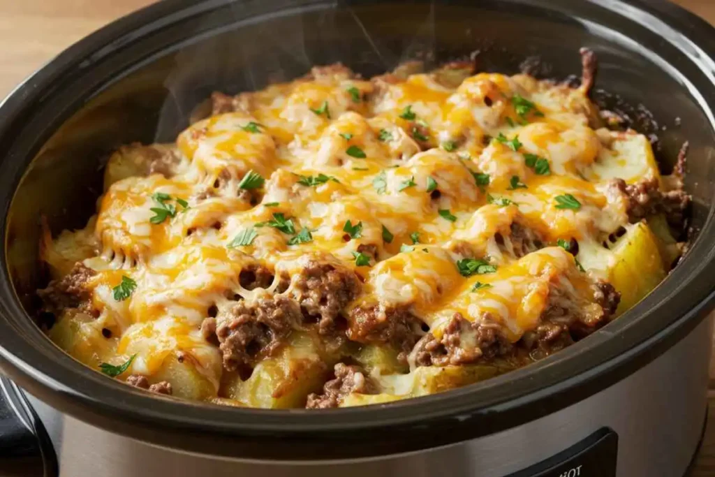 A crockpot filled with cheesesteak potato casserole, steam rising as cheese melts on top, with a hand lifting the lid slightly