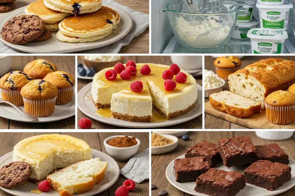 A beautifully arranged collage of cottage cheese-based baked goods, including a creamy cheesecake with raspberries, fluffy pancakes with maple syrup, golden blueberry muffins, a fresh loaf of cottage cheese bread, and fudgy brownies. Also featured are chocolate chip cookies, a mixing bowl with cottage cheese batter, and a refrigerator stocked with cottage cheese containers, showcasing the versatility of cottage cheese in baking.