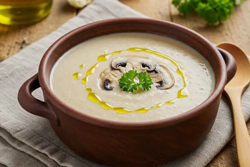 A steaming bowl of creamy cauliflower mushroom soup garnished with fresh parsley and olive oil.