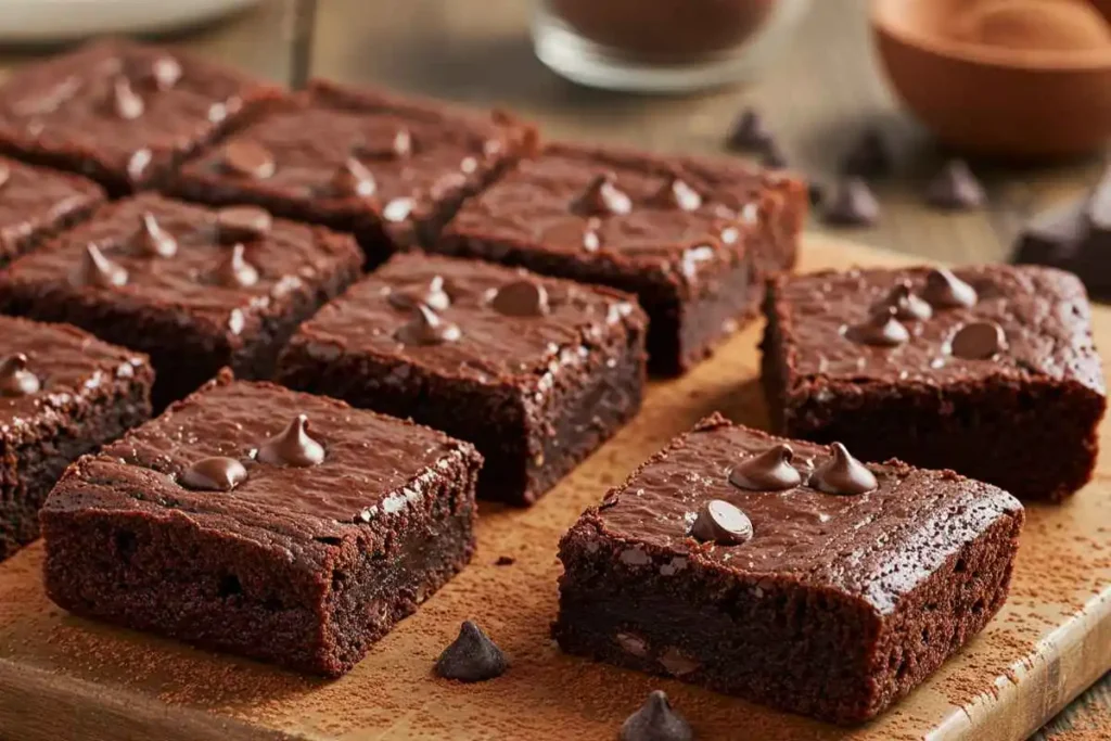 A close-up shot of rich, fudgy cottage cheese brownies cut into squares, topped with melted chocolate chips. The brownies have a moist, dense texture and sit on a rustic wooden board with cocoa powder and chocolate chips scattered around.