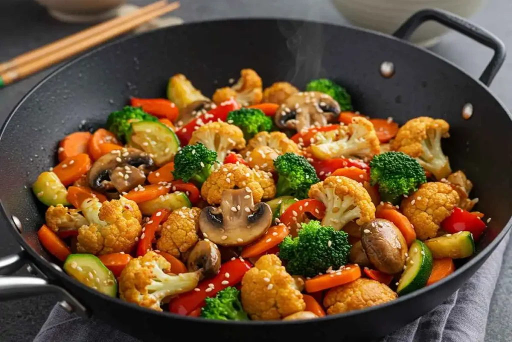 A vibrant stir-fry with cauliflower mushrooms, broccoli, zucchini, carrots, and bell peppers, garnished with sesame seeds in a black wok.