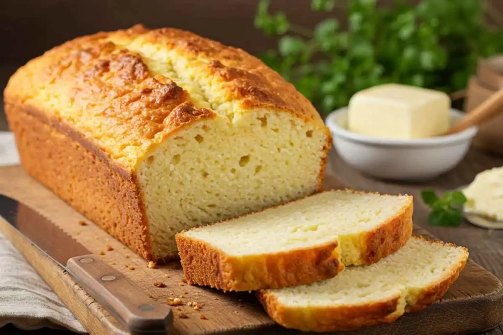 A freshly baked loaf of golden cottage cheese bread with a soft, airy crumb and a crispy crust. Two slices are cut and placed on a wooden cutting board, with a butter dish and fresh herbs in the background.