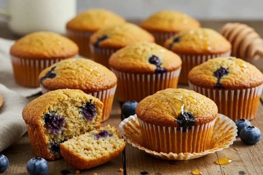 Freshly baked blueberry cottage cheese muffins with golden tops, drizzled with honey. One muffin is broken in half, revealing a moist, fluffy texture with juicy blueberries. Wooden background with scattered blueberries and a honey dipper.