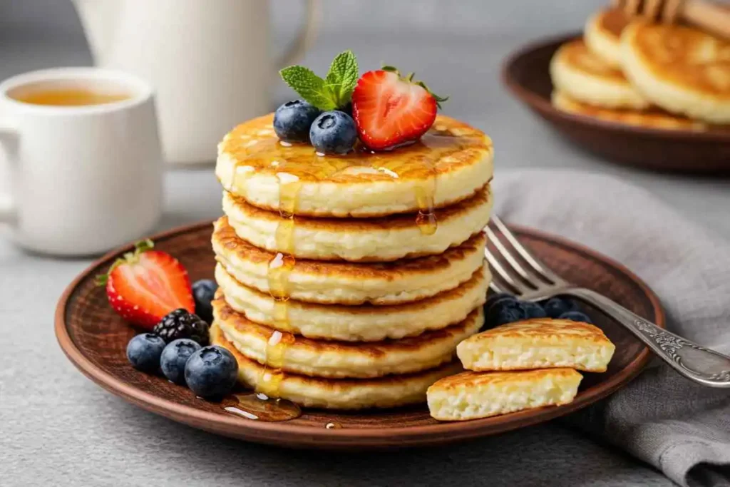 A tall stack of golden, fluffy cottage cheese pancakes drizzled with honey and topped with fresh blueberries, blackberries, and a sliced strawberry. A fork and napkin sit beside the plate, with a cup of tea in the background.