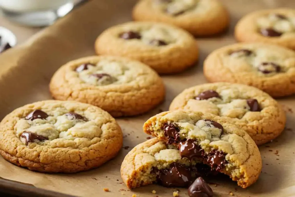 Freshly baked cottage cheese chocolate chip cookies on a parchment-lined baking sheet. One cookie is broken in half, revealing a soft, gooey chocolate-filled center. Warm lighting enhances the golden-brown texture.