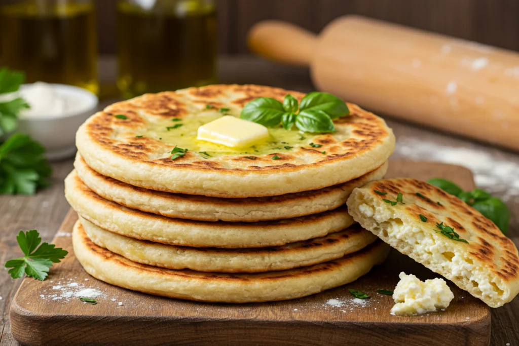  A stack of golden-brown cheese-stuffed flatbreads topped with melted butter and fresh basil, served on a wooden board with a rolling pin and ingredients in the background.