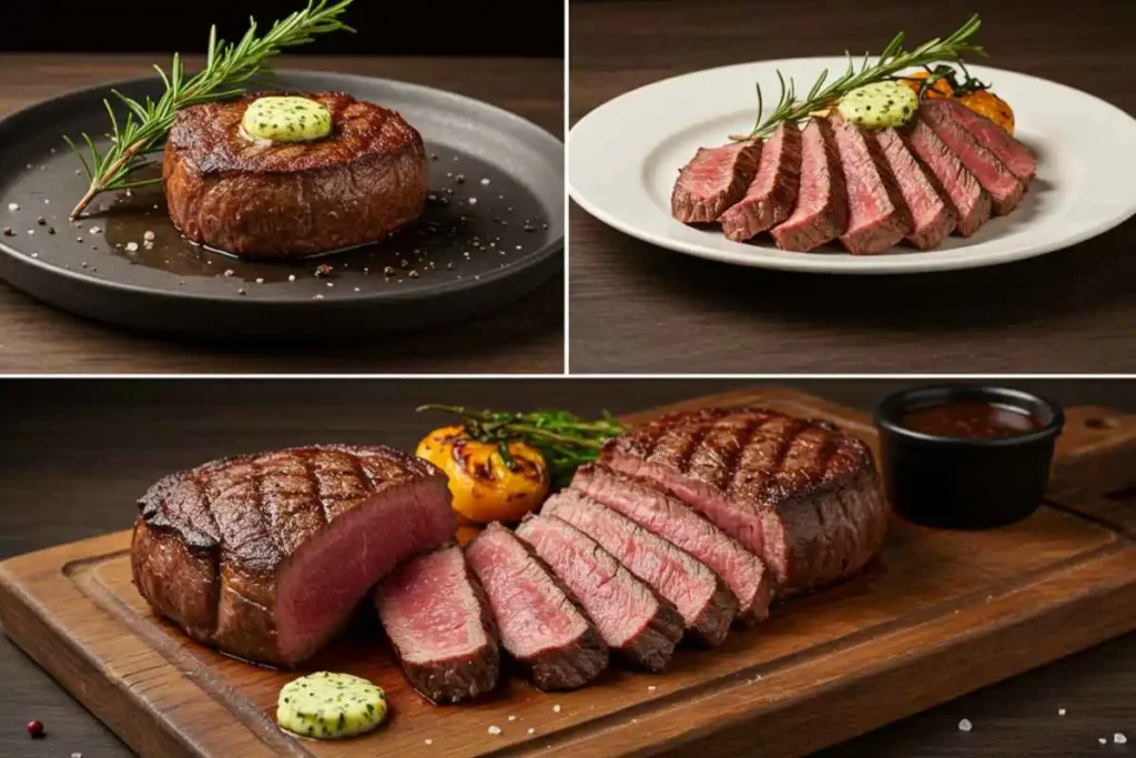 Three presentation styles for filet mignon: whole steak with herb butter, sliced fanned-out pattern, and a wooden board setup with sauce