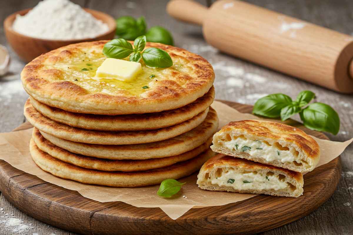 A stack of golden-brown cheese-stuffed flatbreads topped with melted butter and fresh basil, served on a wooden board with a sliced piece revealing a creamy, herbed cheese filling. Flour, rolling pin, and basil leaves in the background create a rustic kitchen setting.