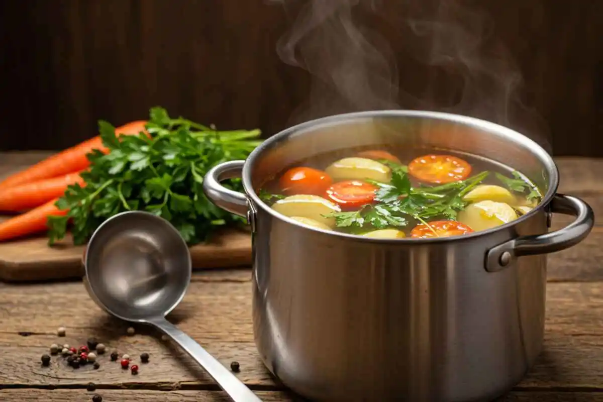 A steaming pot of homemade vegetable broth with sliced tomatoes, potatoes, and fresh parsley, set on a rustic wooden table with carrots, herbs, and a ladle nearby.