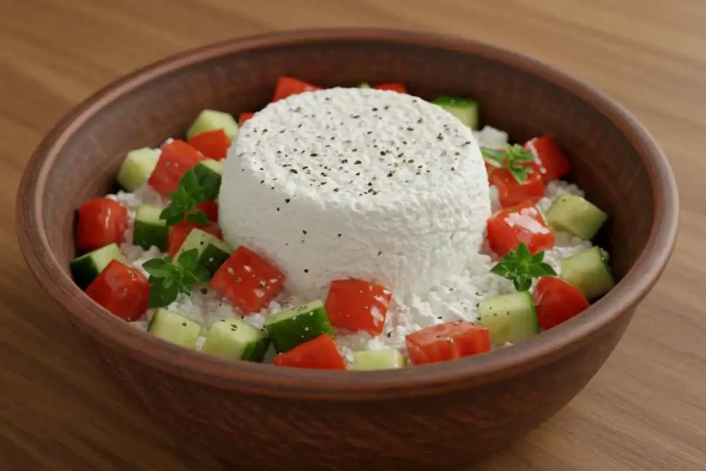 A creamy cottage cheese bowl mixed with chopped tomatoes, cucumbers, and fresh herbs, sprinkled with black pepper.