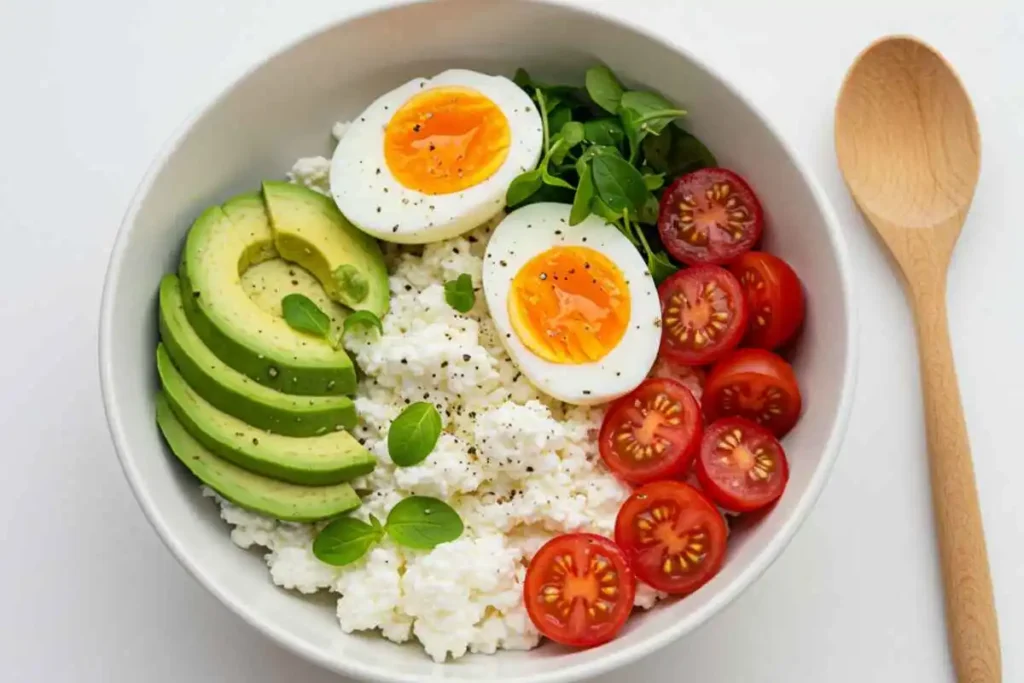 Savory Cottage Cheese Bowl with Avocado and Eggs – A Nutritious Meal.