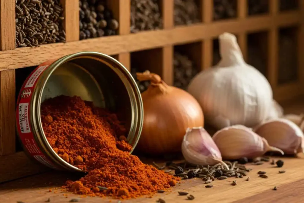  A close-up of Hungarian paprika, garlic, onions, and caraway seeds on a wooden spice rack. 