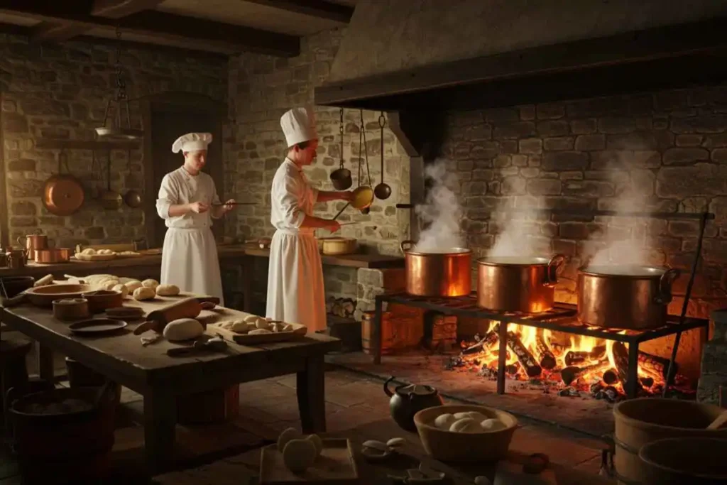 A traditional kitchen with chefs stirring custard over an open fire, showcasing the historical roots of custard desserts.