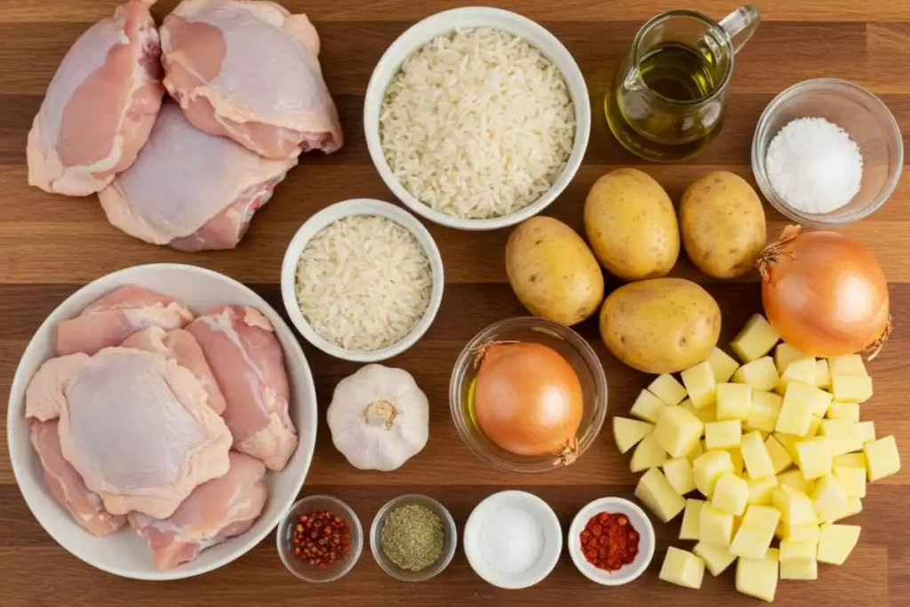 Raw ingredients for a rice chicken and potato recipe, including chicken thighs, rice, potatoes, and seasonings