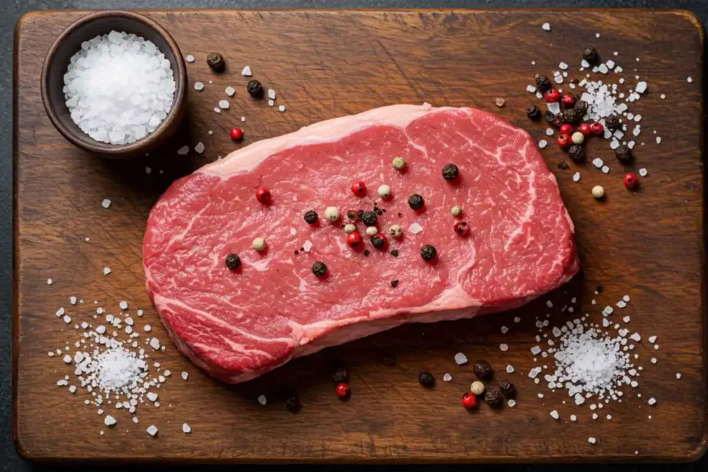 A fresh, raw filet mignon steak on a wooden board, showing its tender, marbled texture and deep red color