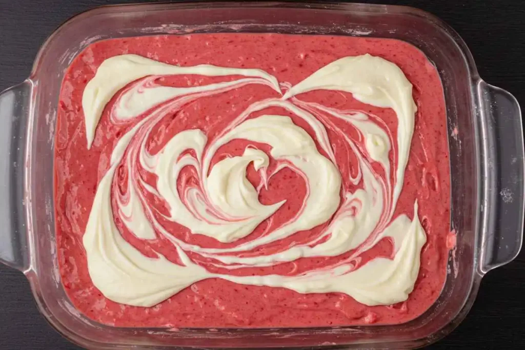  “Unbaked strawberry cake batter in a glass dish with creamy swirls of cream cheese mixture.”