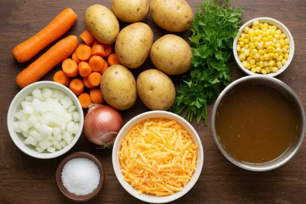 A colorful display of fresh vegetables, cheese, and broth ingredients for making cheesy vegetable chowder.