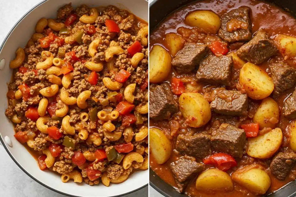 A side-by-side visual comparison of American goulash and Hungarian goulash, highlighting differences in ingredients, textures, and presentation.