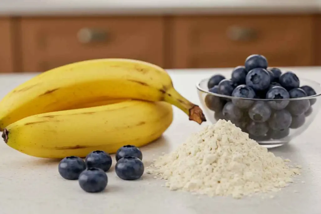 Fresh bananas, blueberries, and flour on a kitchen counter, ready for pancake preparation