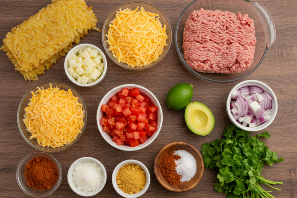 A beautifully arranged flat lay of shredded hashbrowns, ground turkey, cheese, and fresh taco ingredients on a wooden surface.