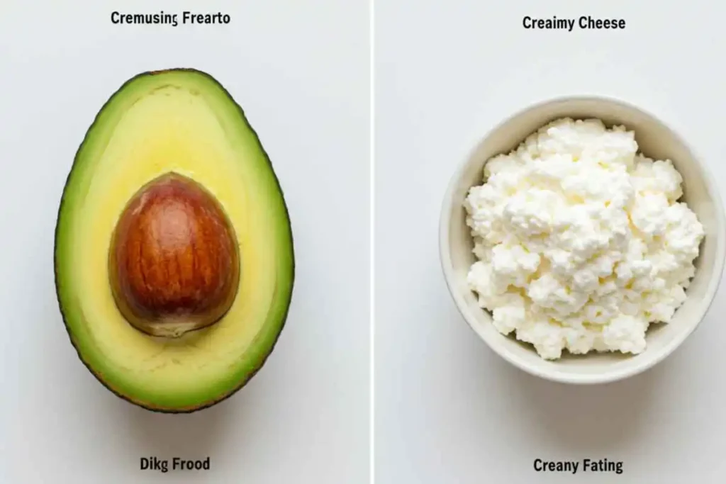 "Avocado and cottage cheese displayed side by side with nutritional highlights." 