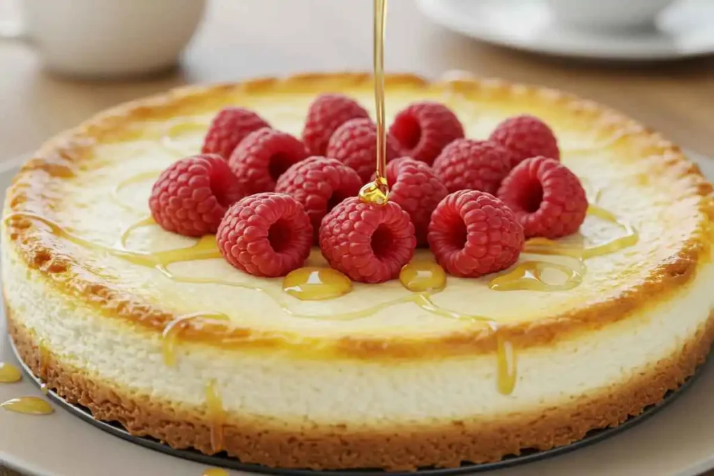 A freshly baked cottage cheese cheesecake with a golden crust, topped with fresh raspberries and honey drizzle. A creamy, high-protein dessert alternative.