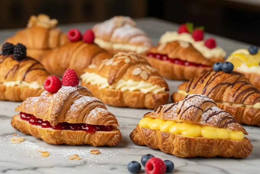 Freshly baked croissant sliced open, revealing melted dark chocolate filling. Flaky golden layers sit on a rustic wooden surface with cocoa powder dusted around.