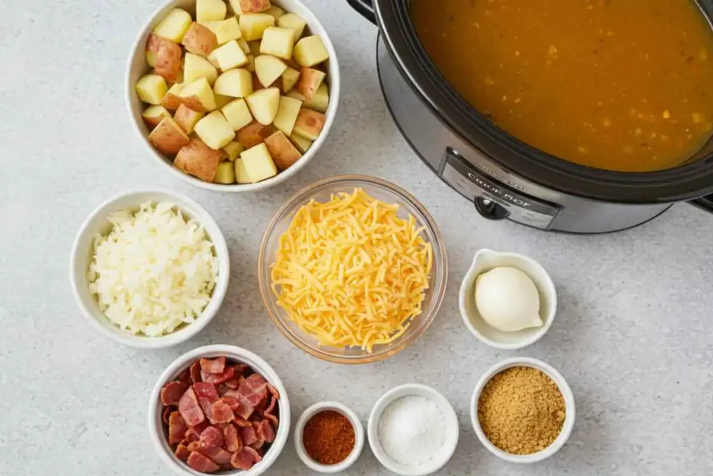 Diced potatoes, shredded cheese, crispy turkey bacon, and other ingredients laid out for slow cooker potato soup.