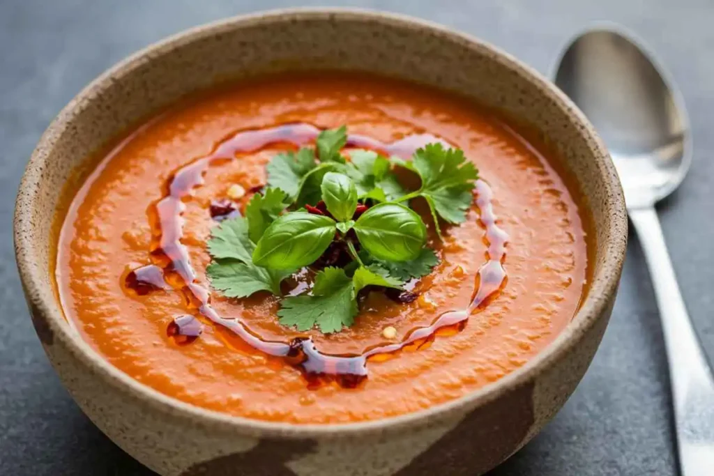 A hot and spicy tomato soup garnished with red pepper flakes and chili oil.

