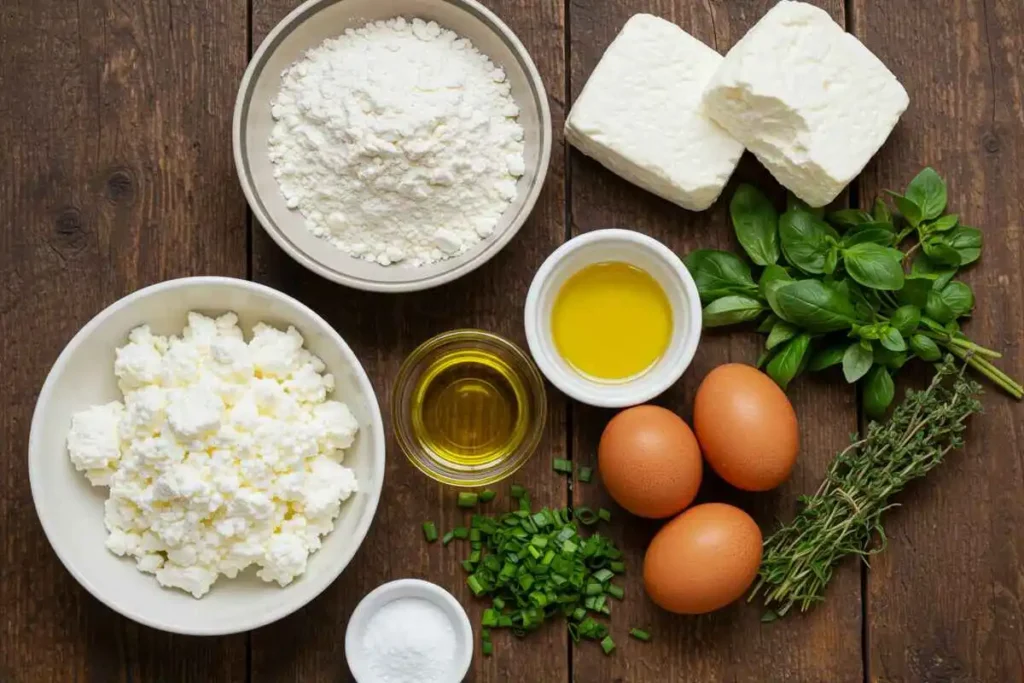 Ingredients for making cottage cheese flatbread, displayed on a wooden surface