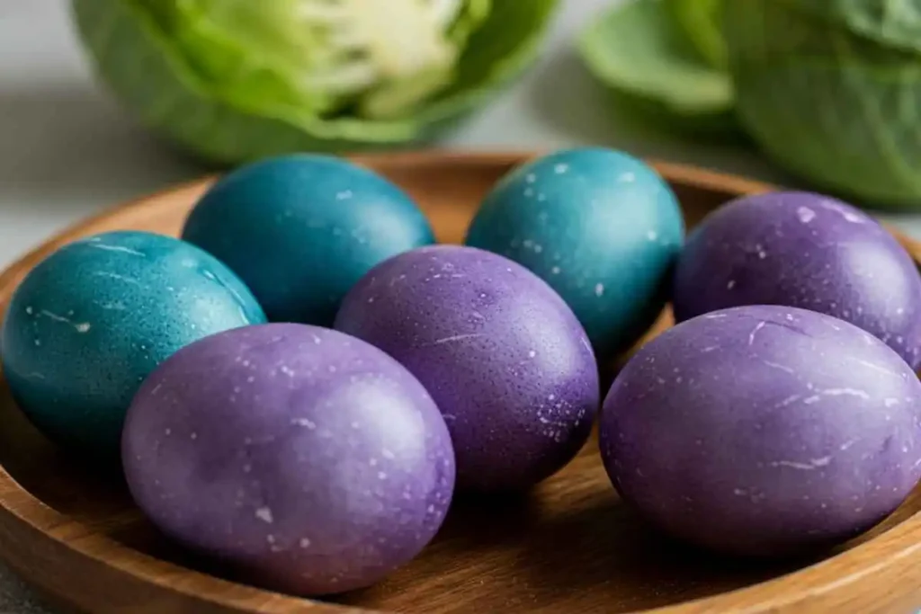 A collection of naturally dyed blue and purple eggs with red cabbage leaves in the background.