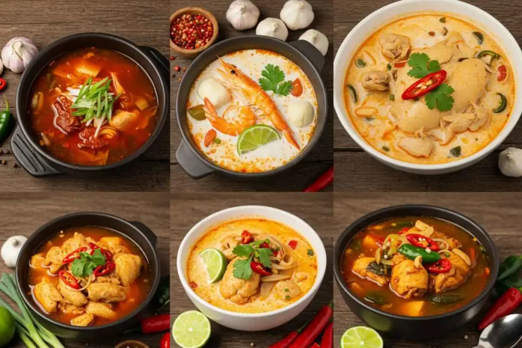 A collage of global spicy chicken soups, including Korean Dakgaejang, Thai Tom Kha Kai, Mexican Caldo de Pollo, and Nigerian Pepper Soup, arranged on a wooden table.