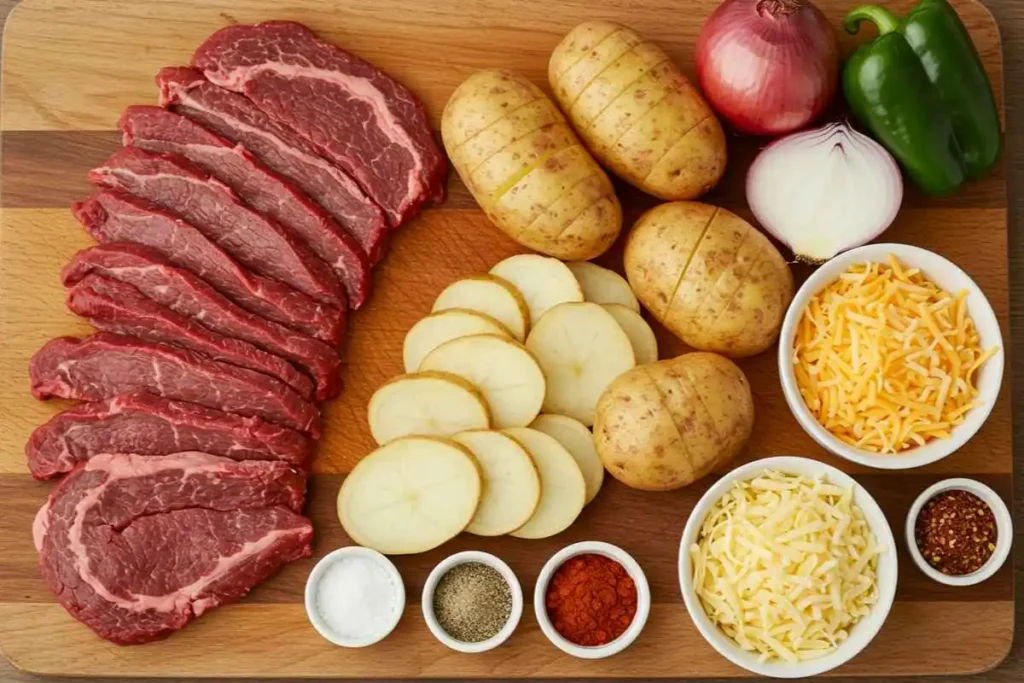 Thinly sliced beef, potatoes, fresh vegetables, shredded cheese, and seasonings arranged on a kitchen counter, ready for making crockpot cheesesteak potato casserole