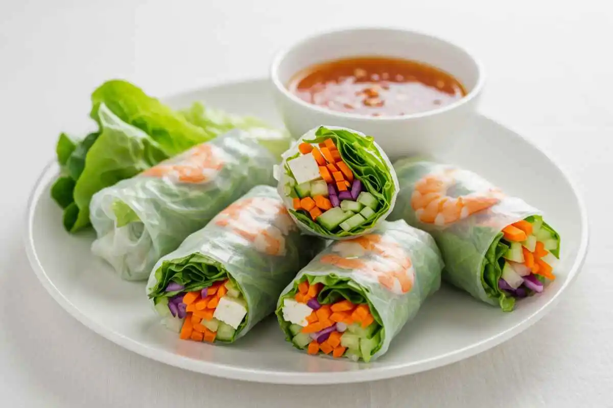 Fresh rice paper rolls filled with vegetables and shrimp, served with dipping sauce.