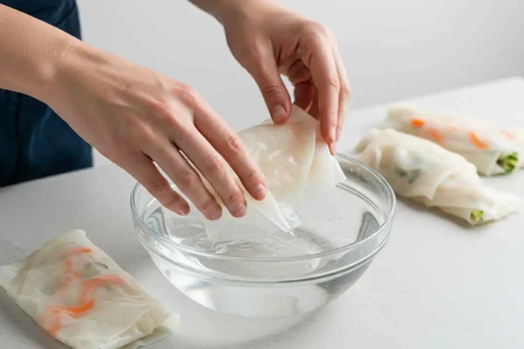  Hands dipping rice paper in water to achieve the perfect texture.