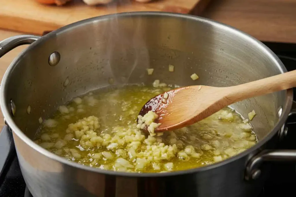  Chopped onions and garlic sizzling in a pot with butter and olive oil. 